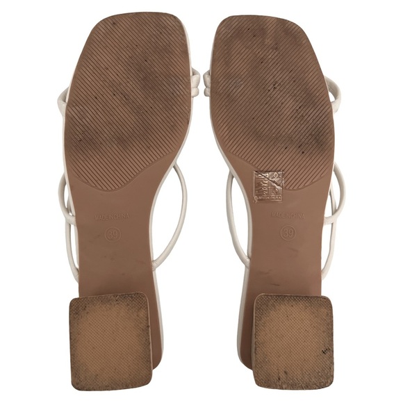 Leather Off-White Ivory Strappy Block Heel Square Toe Sandals Shoes - Picture 8 of 12